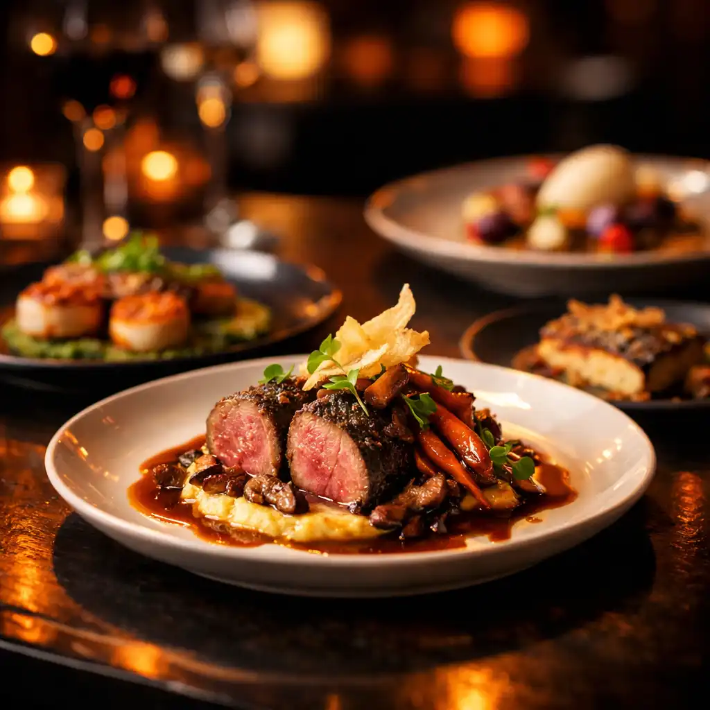 Refined plated dishes in dimly lit restaurant setting
