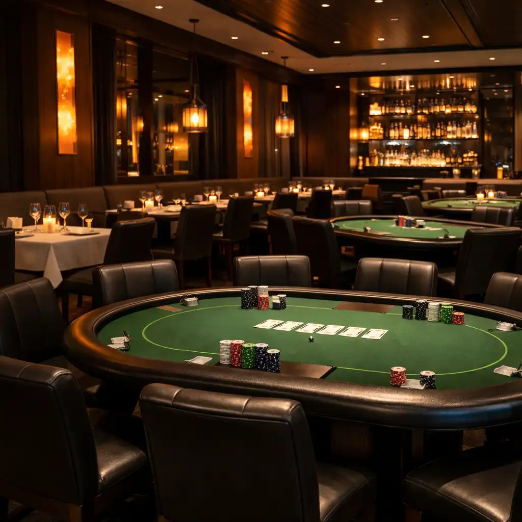 Elegant corporate venue interior with poker tables and dining layout