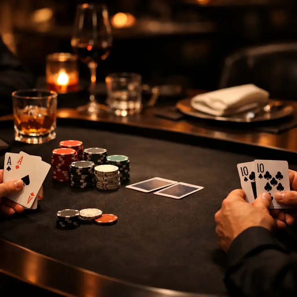 Poker table with cards and chips in a premium restaurant setting