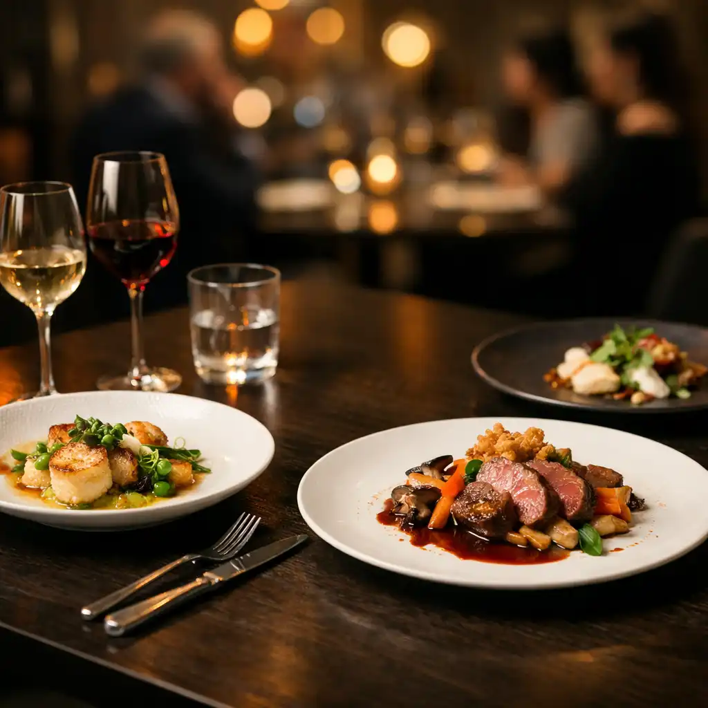 Elegant plated dishes in a refined restaurant environment