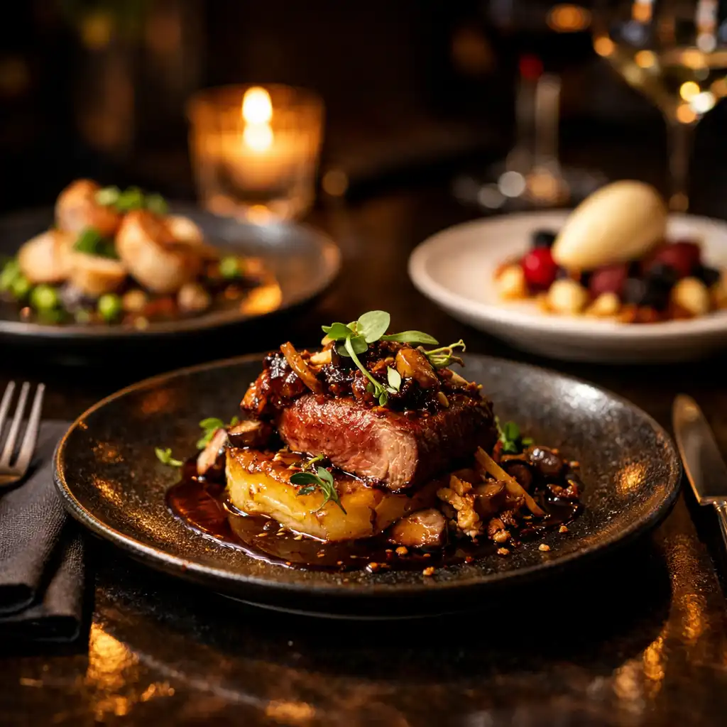 Elegant plated dishes in dim restaurant