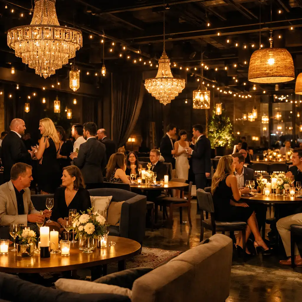 Event setup with group seating and ambient lighting