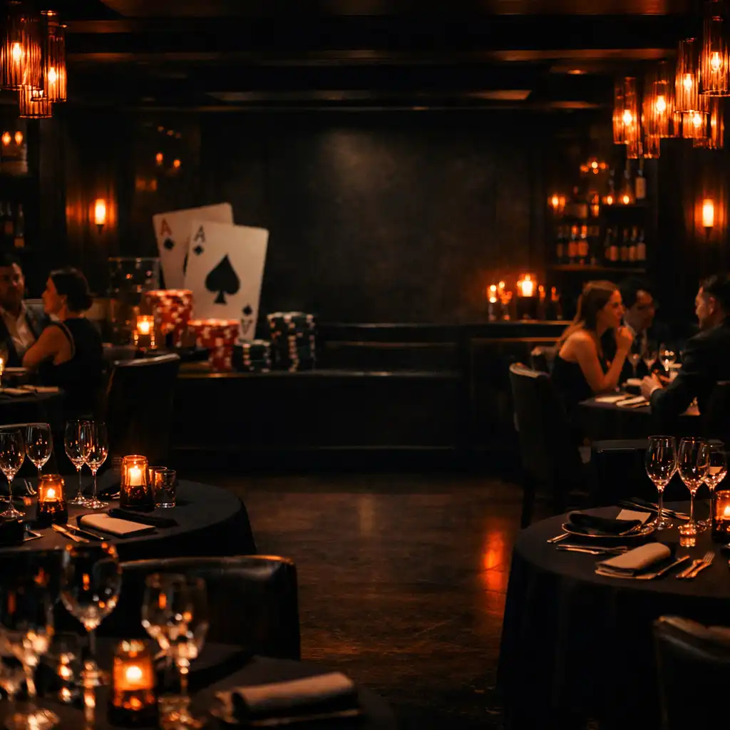Interior atmosphere with warm lighting and dark finishes