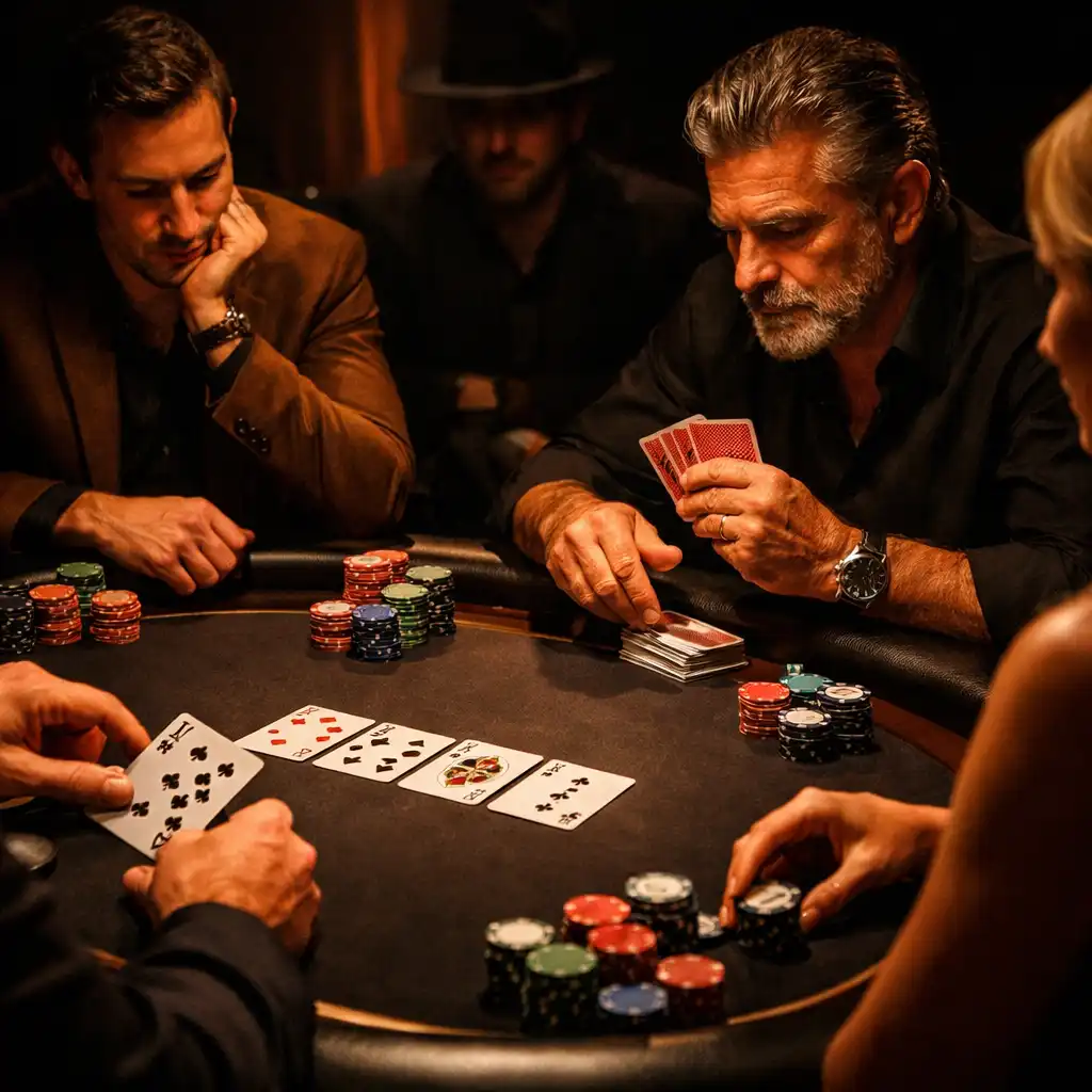 Poker table with players, chips, and focused lighting