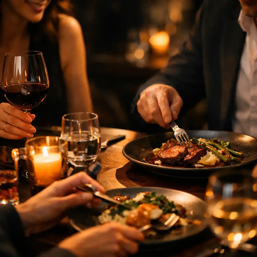 Intimate dining table with guests enjoying a premium restaurant atmosphere