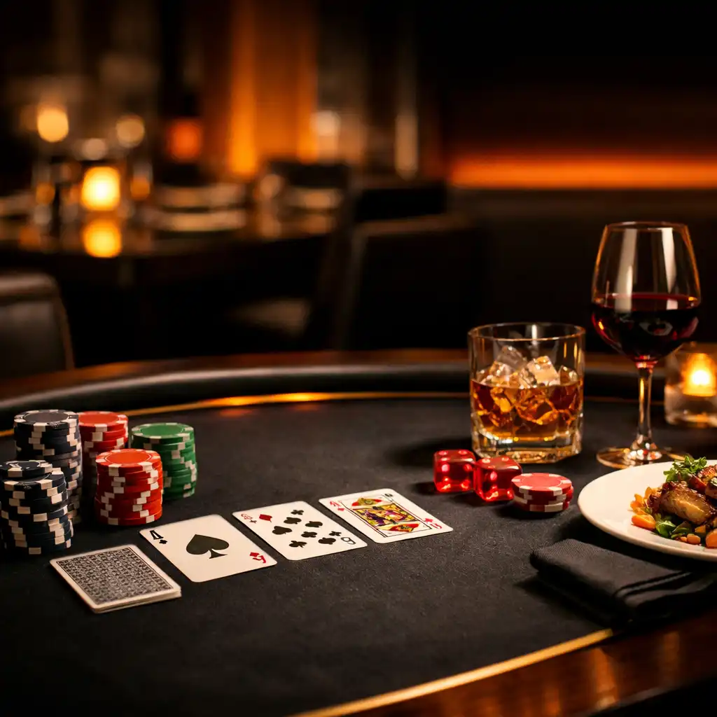 Premium poker table ambience with warm lighting and dining elements