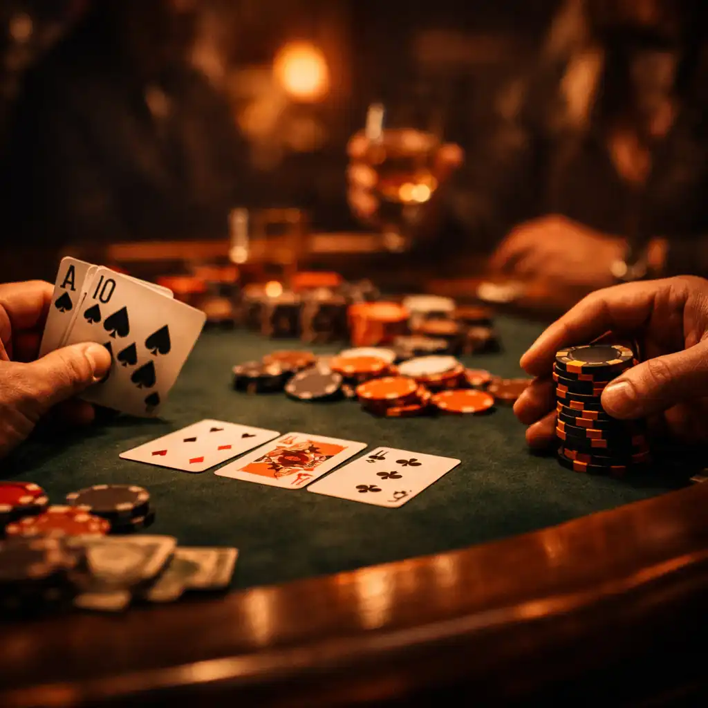 Close-up poker table with cards and chips