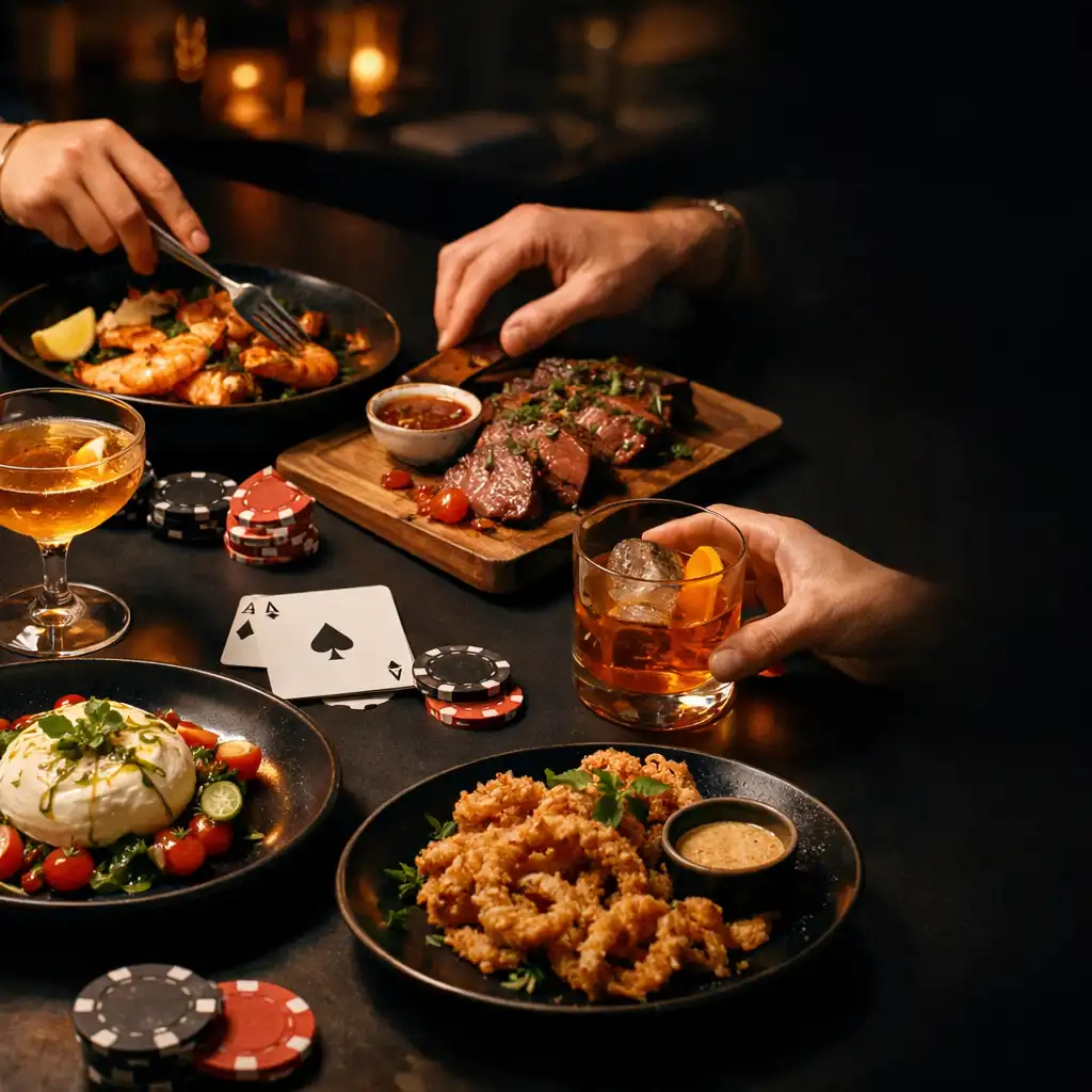 Premium dining table with shared plates and poker elements
