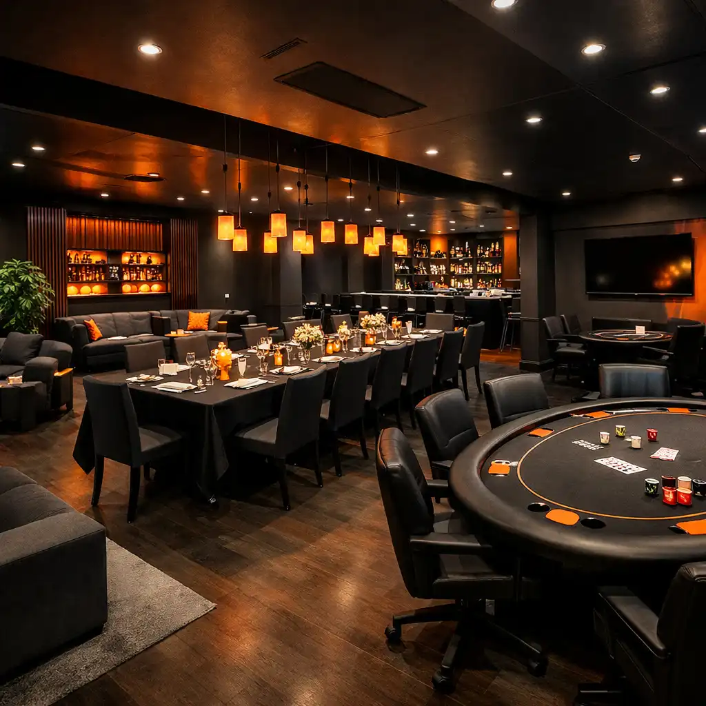 Restaurant layout with flexible seating and poker area