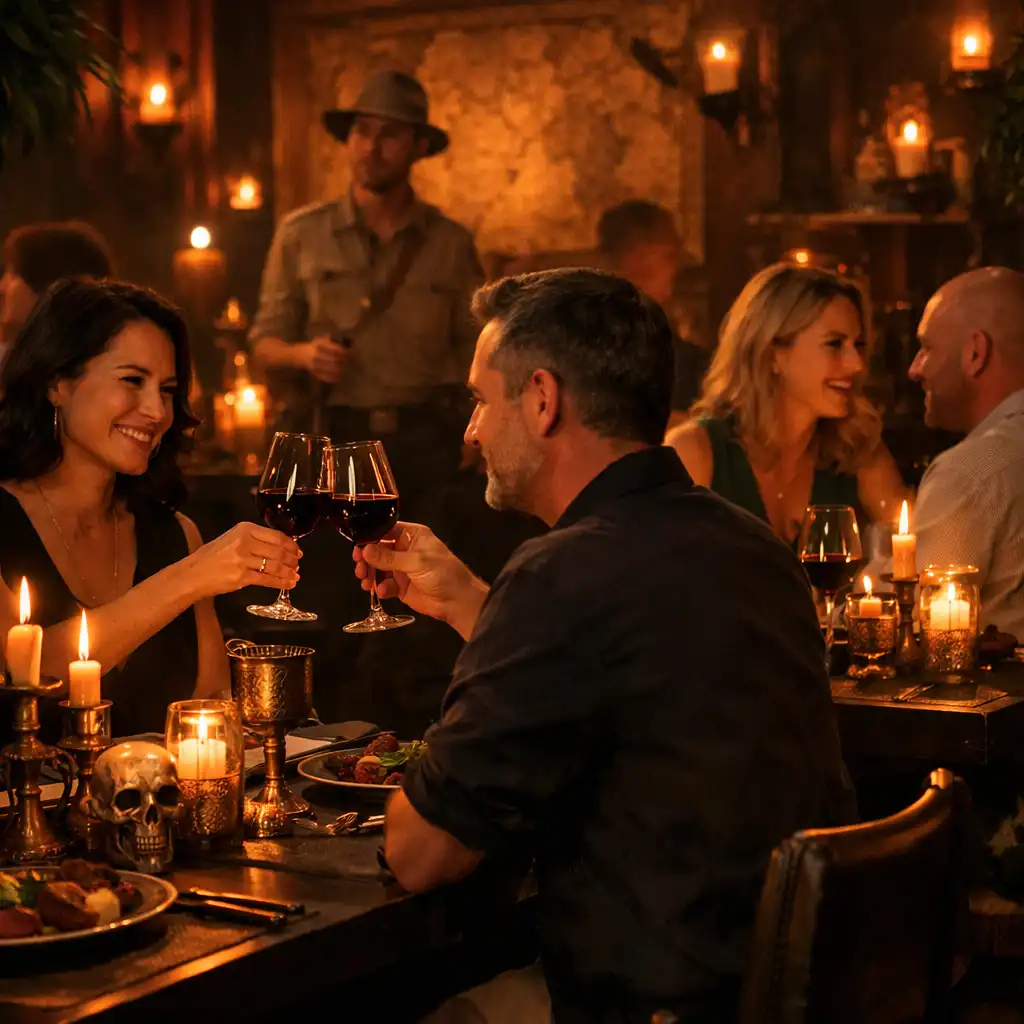 Moody restaurant atmosphere with guests dining