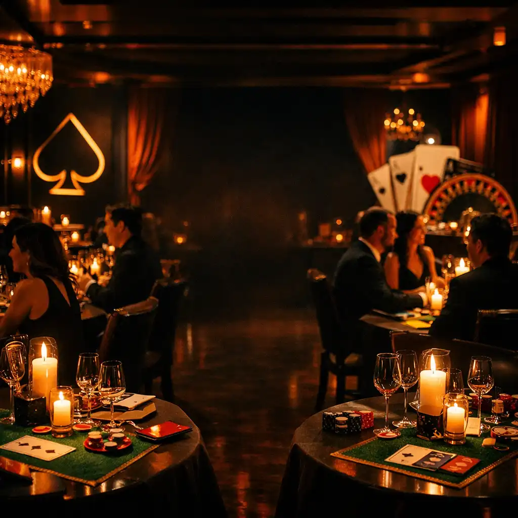 Premium themed dining interior with warm lighting and elegant tables